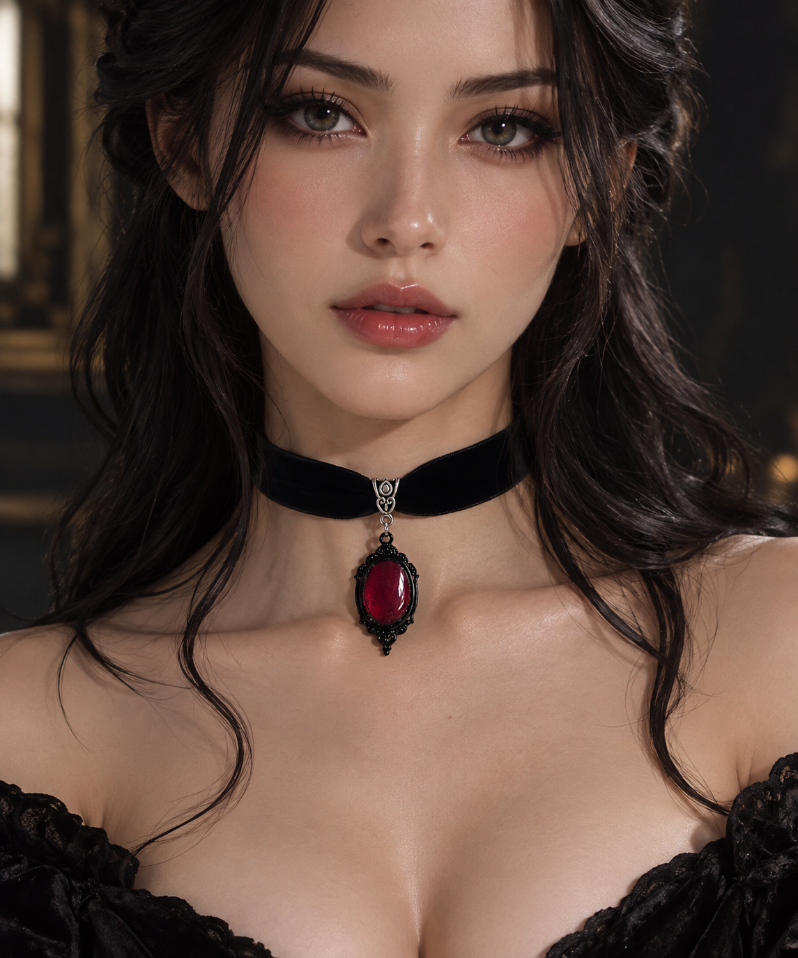 Gothic Elegance with Ruby Choker